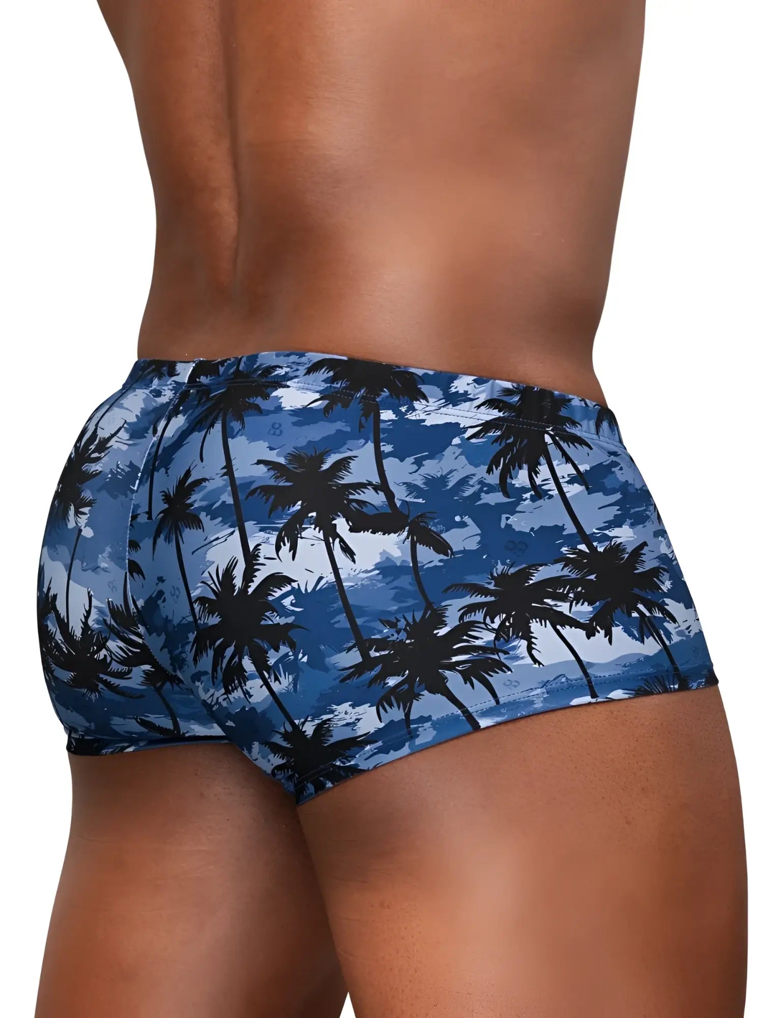 ErgoWear ew1825 feel sw dark blue palm patterned swim trunks with blue and black design for swim and beach use