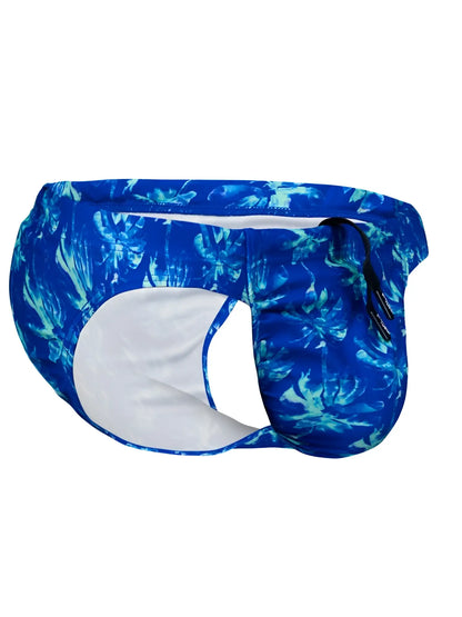 Blue and teal floral-patterned ErgoWear EW1826 FEEL SW swim bikini with white interior lining in royal blue palms color