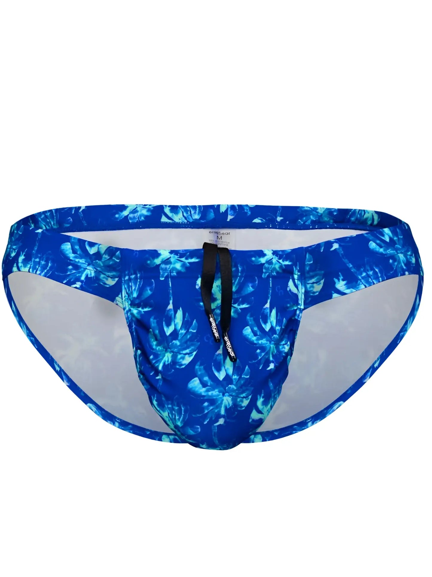 Blue tropical leaf-patterned swim trunks with black drawstring and mesh lining by ErgoWear in royal blue-palms color