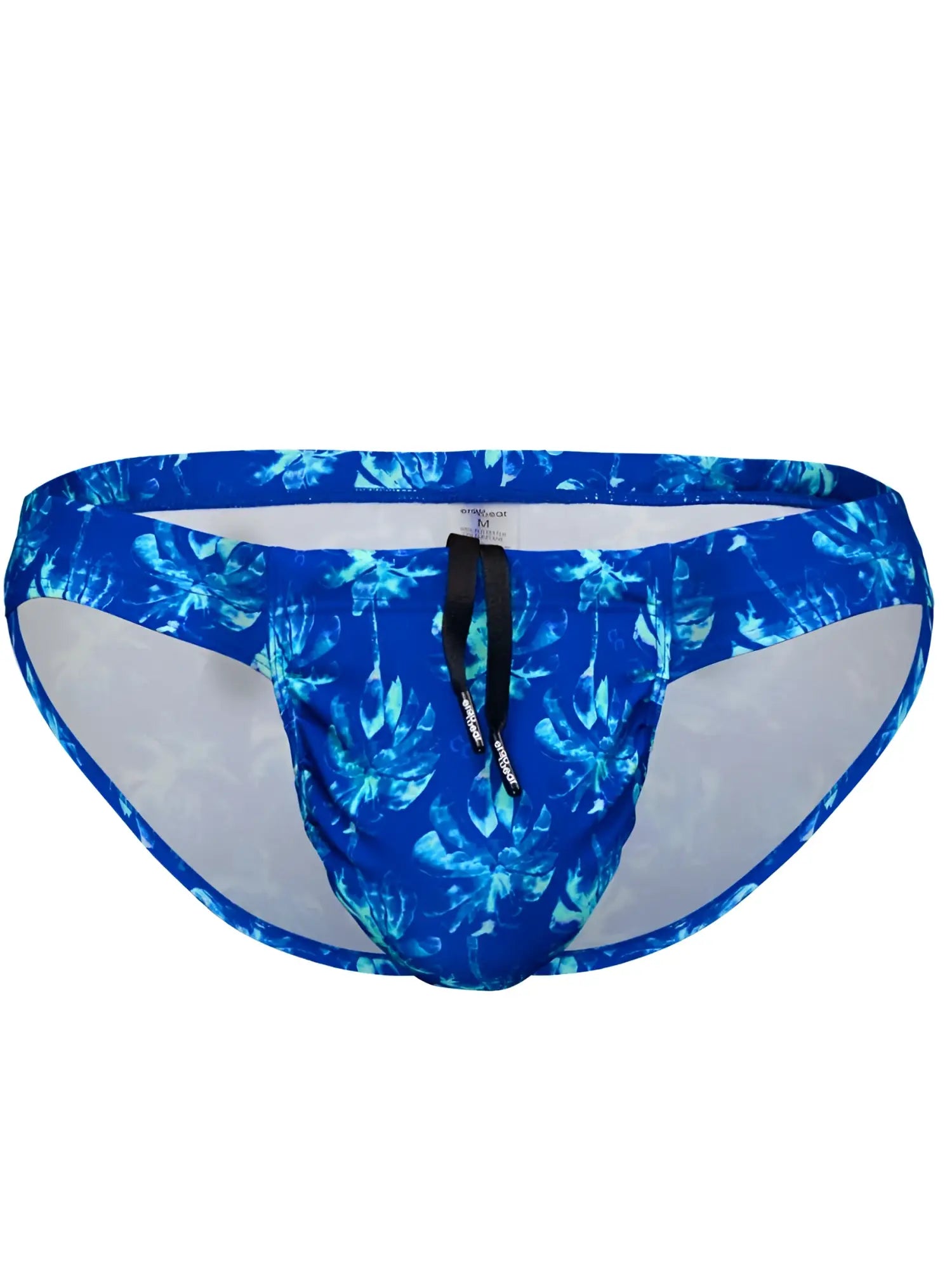 Blue tropical leaf-patterned swim trunks with black drawstring and mesh lining by ErgoWear in royal blue-palms color