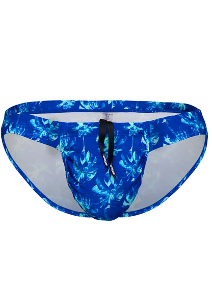 Blue tropical leaf-patterned swim trunks with black drawstring and mesh lining by ErgoWear in royal blue-palms color