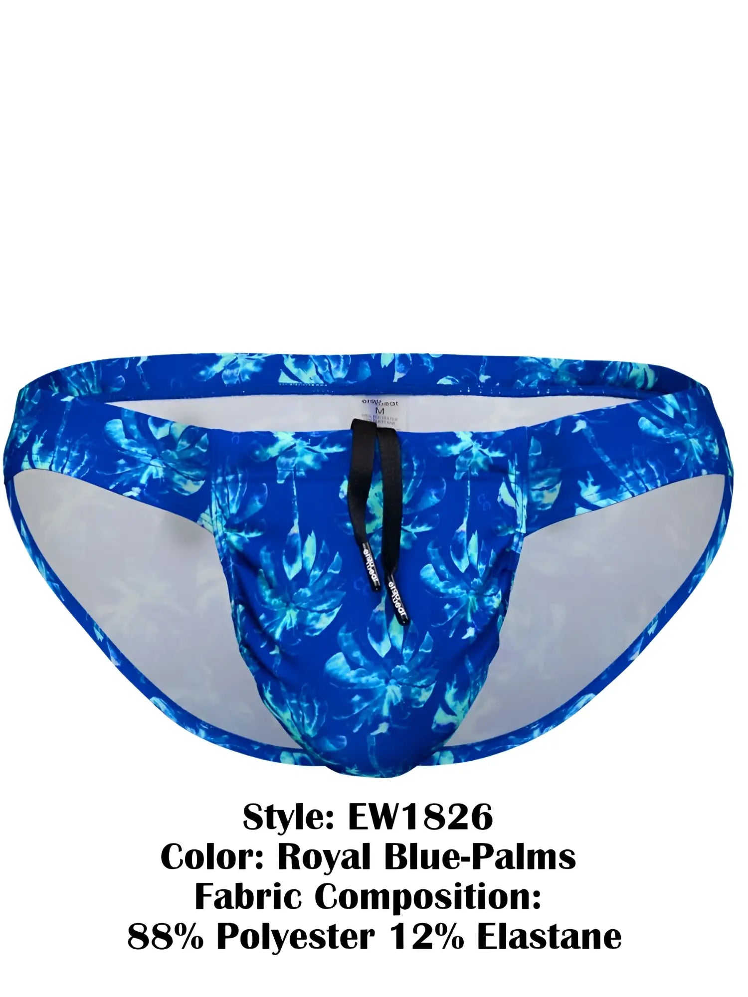 Ergo wear ew1826 feel sw swim bikini royal blue with tropical palm leaf pattern and black drawstring waistband