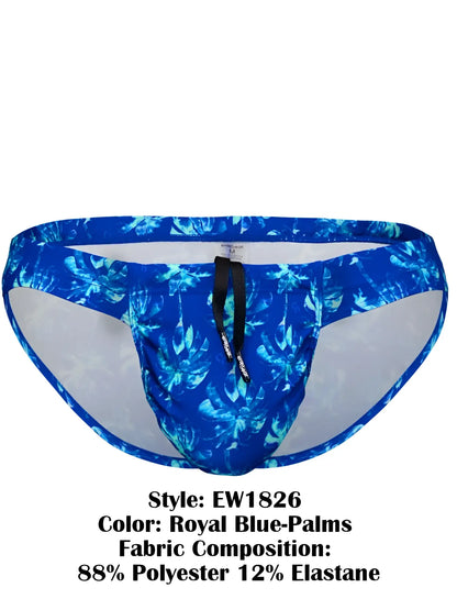 Ergo wear ew1826 feel sw swim bikini royal blue with tropical palm leaf pattern and black drawstring waistband