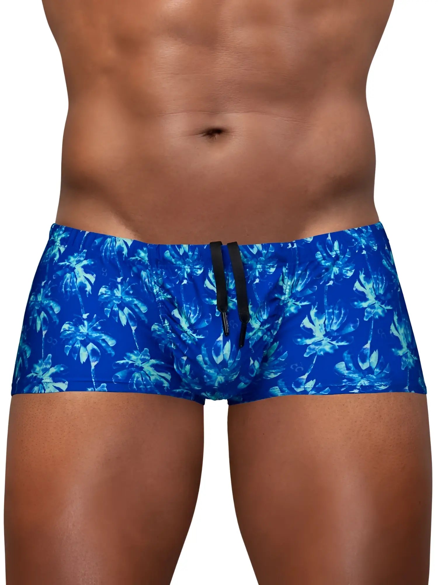 Blue royal palm swim trunks by ergowear with tropical pattern and black drawstring for beachwear