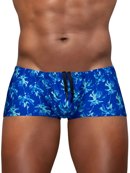 Blue royal palm swim trunks by ergowear with tropical pattern and black drawstring for beachwear