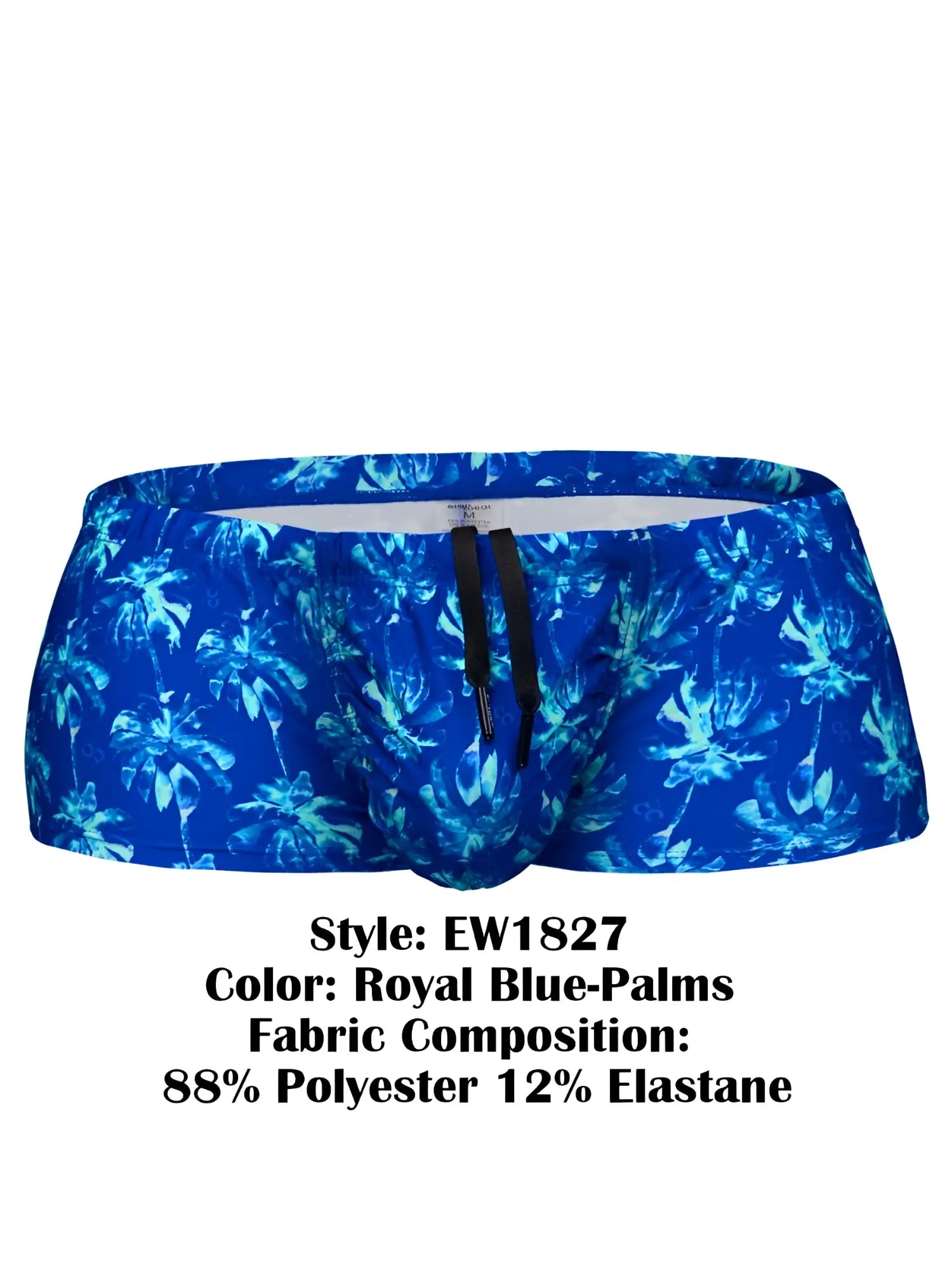 Royal blue ergo wear ew1827 feel sw swim trunks with vibrant palm tree pattern black drawstrings 88 polyester 12 elastane