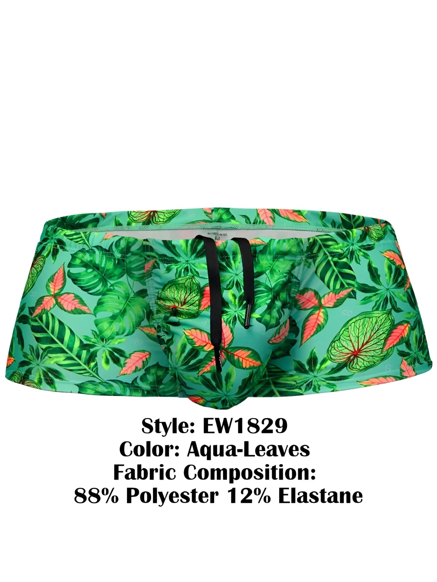 ErgoWear EW1829 feel SW swim trunks in aqua-leaves coral and green pattern made of 88% polyester 12% elastane