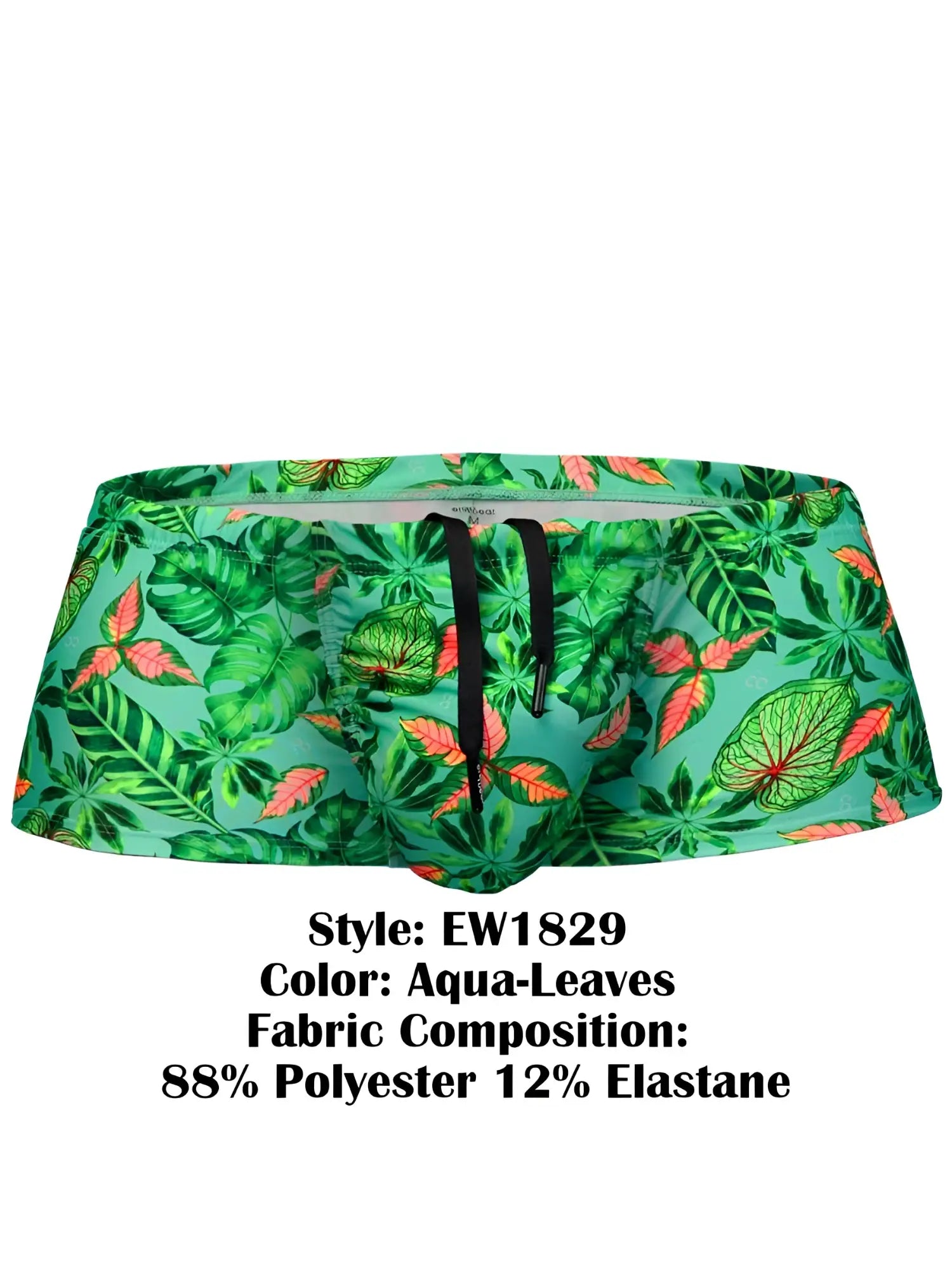 ErgoWear EW1829 feel SW swim trunks in aqua-leaves coral and green pattern made of 88% polyester 12% elastane