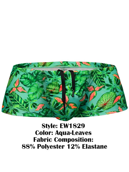 ErgoWear EW1829 feel SW swim trunks in aqua-leaves coral and green pattern made of 88% polyester 12% elastane