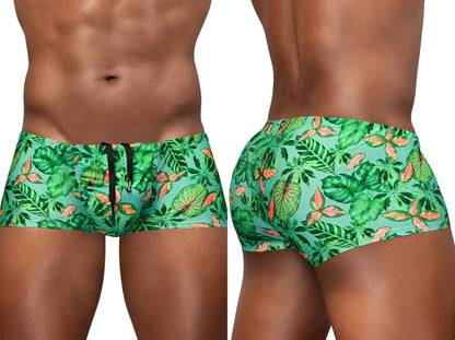 ErgoWear EW1829 feel SW tropical leaf-patterned swim trunks in aqua green teal with orange accents for swimming