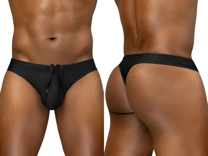 ErgoWear EW1830 X4D SW black sleek form-fitting swim thong underwear with drawstring waistband front view