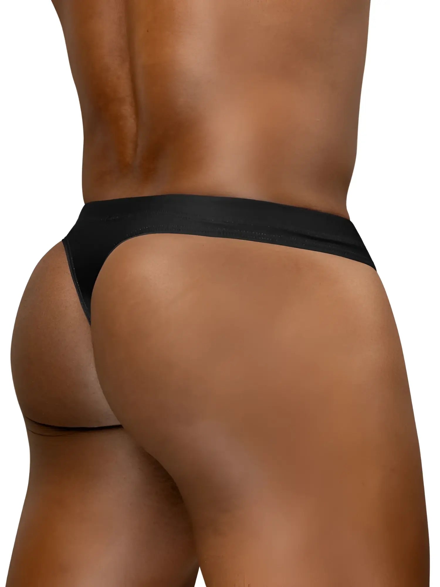 Black ergo wear ew1830 x4d sw swim thong with smooth stretchy fabric waistband shown from the back side
