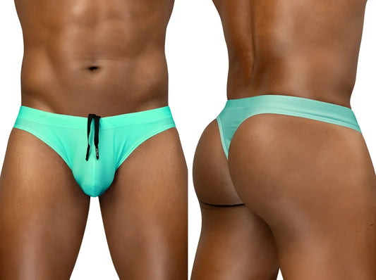 Turquoise form-fitting ergo wear ew1836 x4d aqua swim thongs with black drawstring at the front for swimming