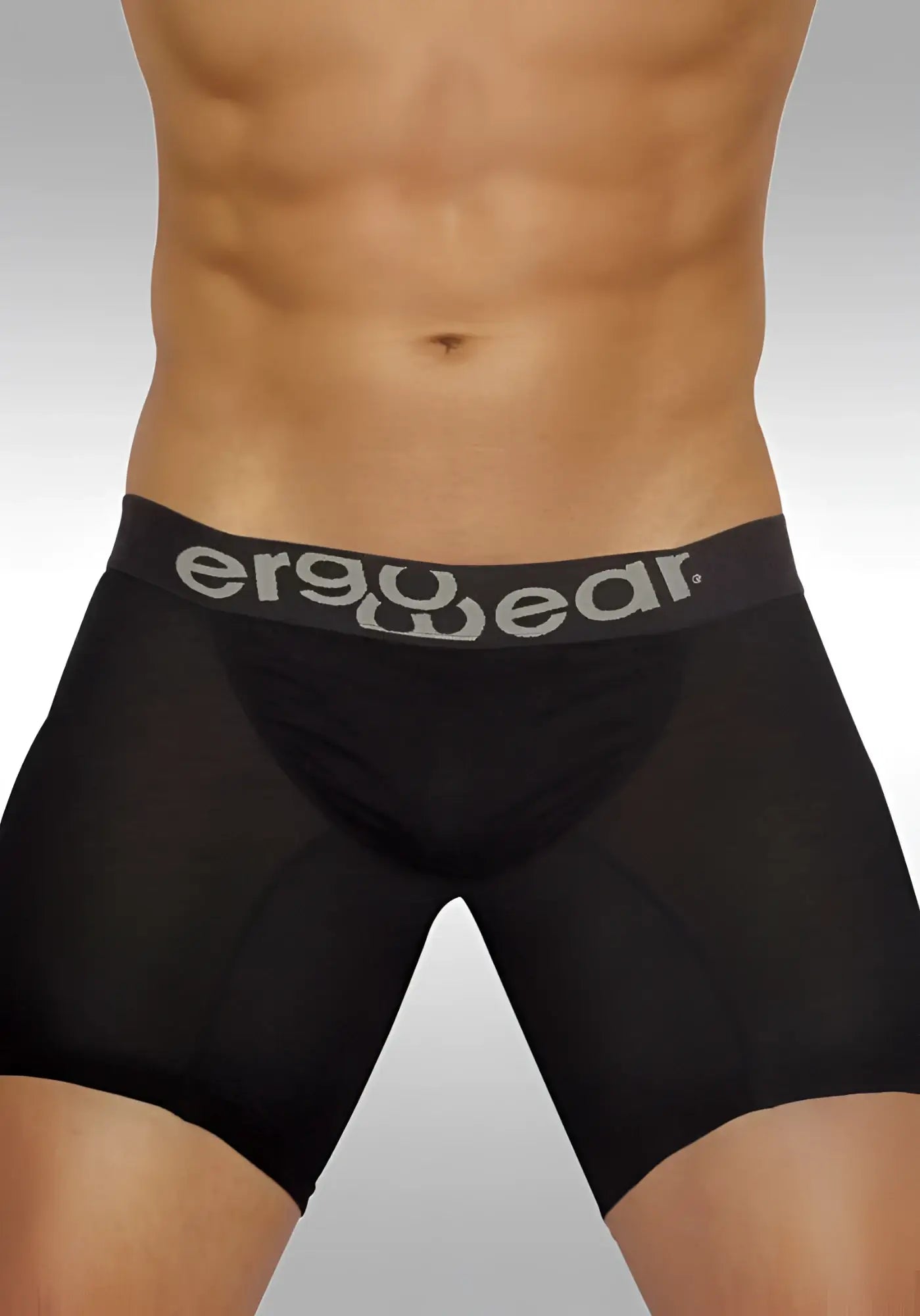 Black ergowear feel modal long boxer brief underwear with gray logo waistband in size m