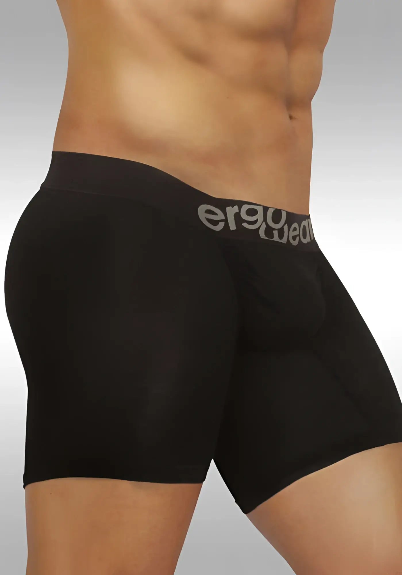 Black men’s ergowear feel modal long boxer briefs in black with gray logo waistband size M for comfortable wear