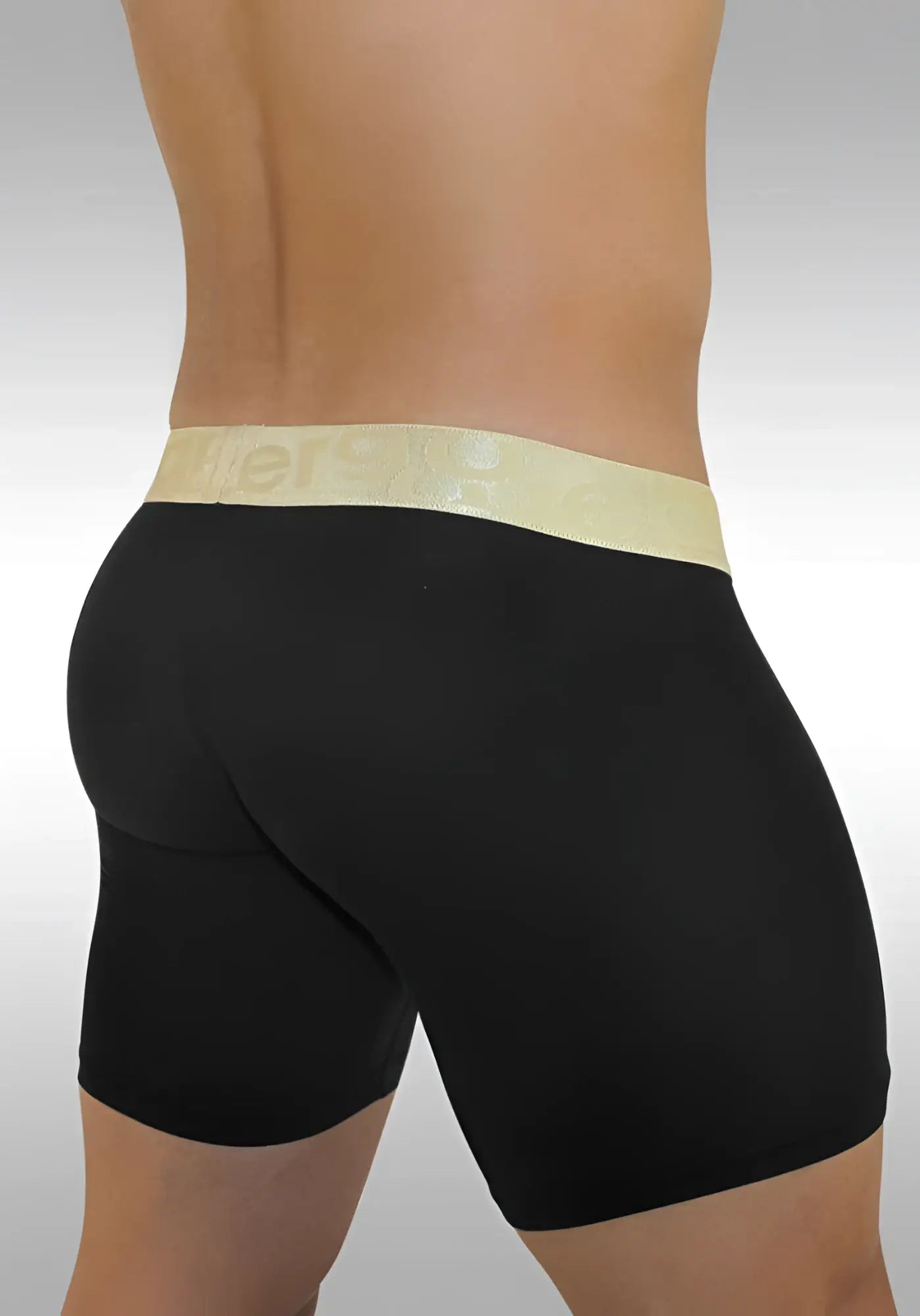 Black ergowear feel xv midcut long boxer briefs with gold elastic waistband and brand name in size small