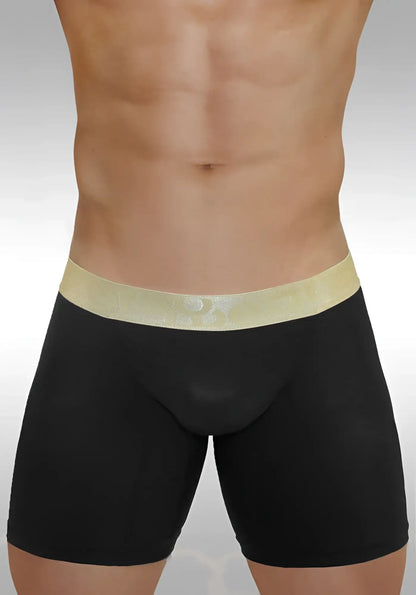 Black ergowear feel xv midcut long boxer briefs with light gold embossed elastic waistband size s
