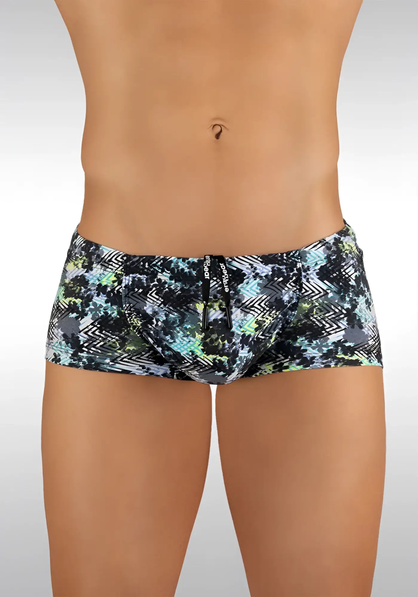 Ergowear feel zigzag mini square cut trunk swimwear in black green and white with zipper fly size m