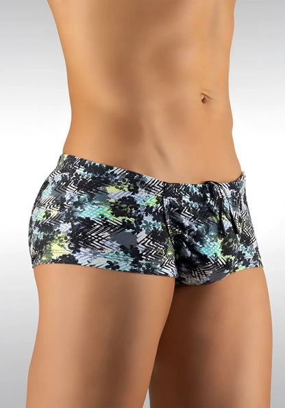 Men’s ergowear feel zigzag mini square cut trunk swimwear in vibrant teal black and gray with geometric chevron accents