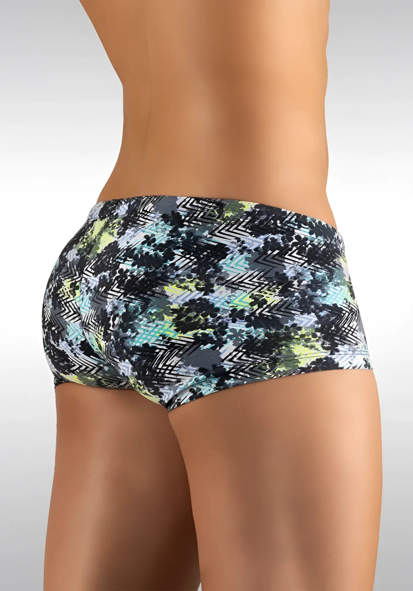 Ergowear feel zigzag mini square cut trunk swimwear in black green and gray with geometric pattern size m