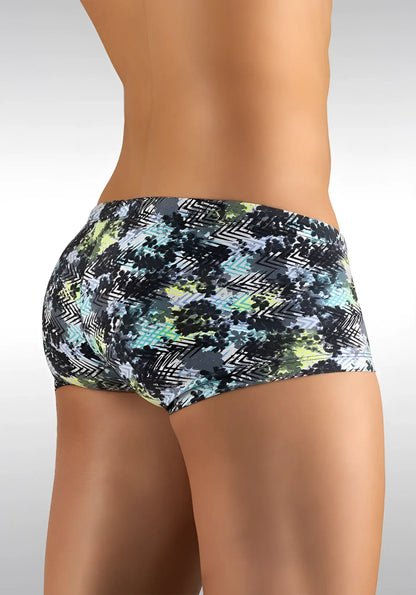 Ergowear feel zigzag mini square cut trunk swimwear in black green and gray with geometric pattern size m