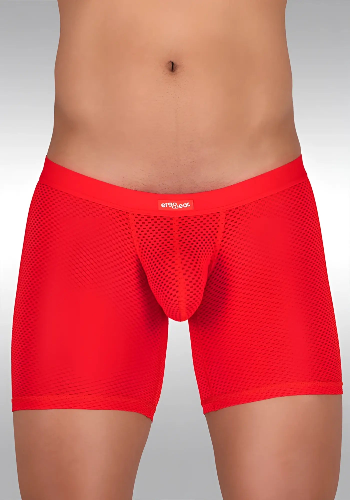 Red mesh ergowear slk midcut long boxer briefs with solid red waistband and logo in size m