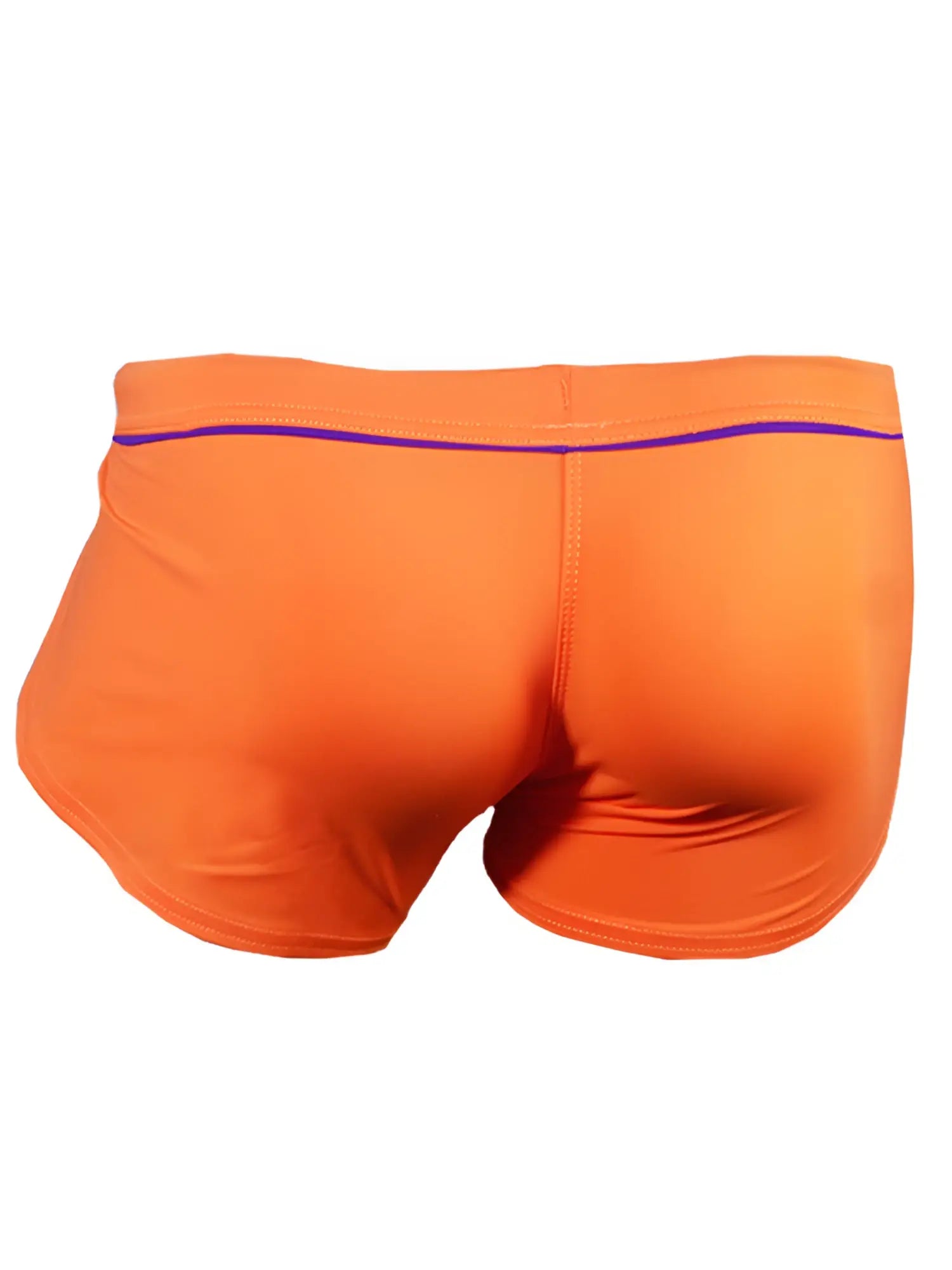 Ernesto square trunk bright orange swim trunks with purple trim along the waistband for beachwear