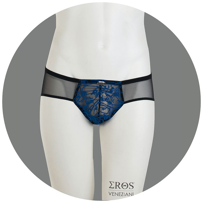 Eros Veneziani Flock Lace &amp; Mesh Push Up Bikini Underwear Bleu 7388 Taille L/XL