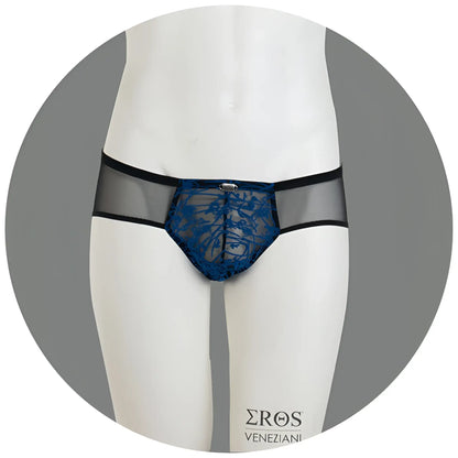 Blue lace eros veneziani flock lace and mesh push up bikini briefs with black elastic waistband size l xl