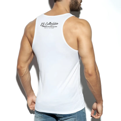 Back view of white men’s cotton es basic tank top with black es collection branding for casual wear