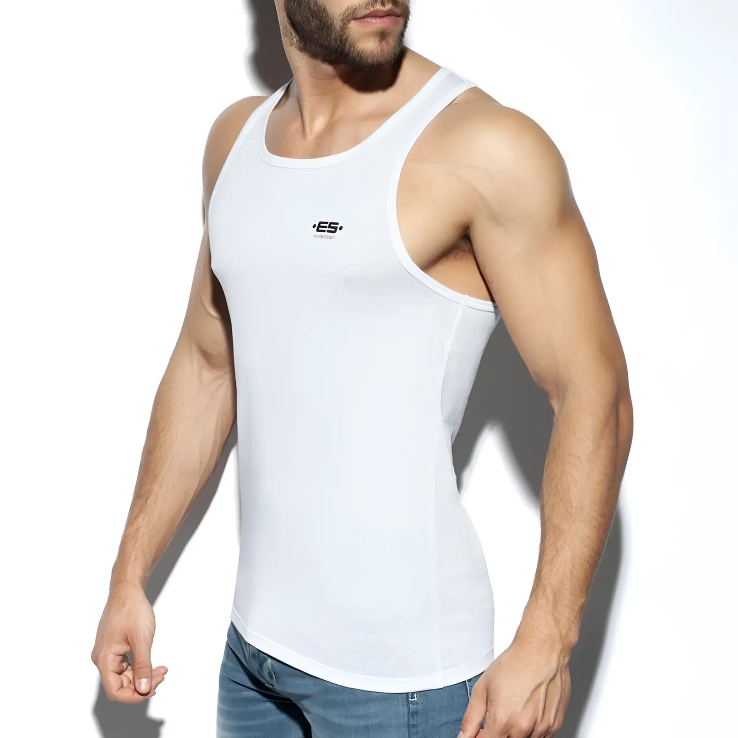 White men’s basic tank top with small black logo on chest in soft breathable fabric for casual wear