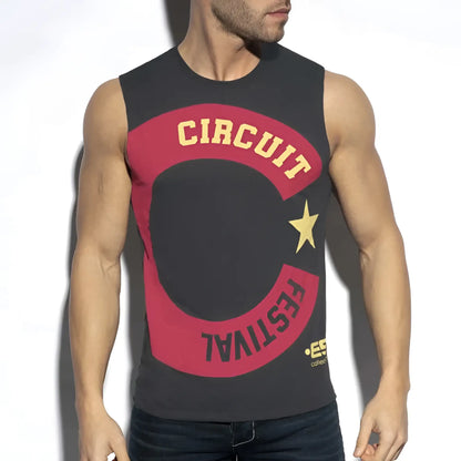 Black sleeveless tank top with bold red and gold circuit festival graphic by es collection in size large charcoal color