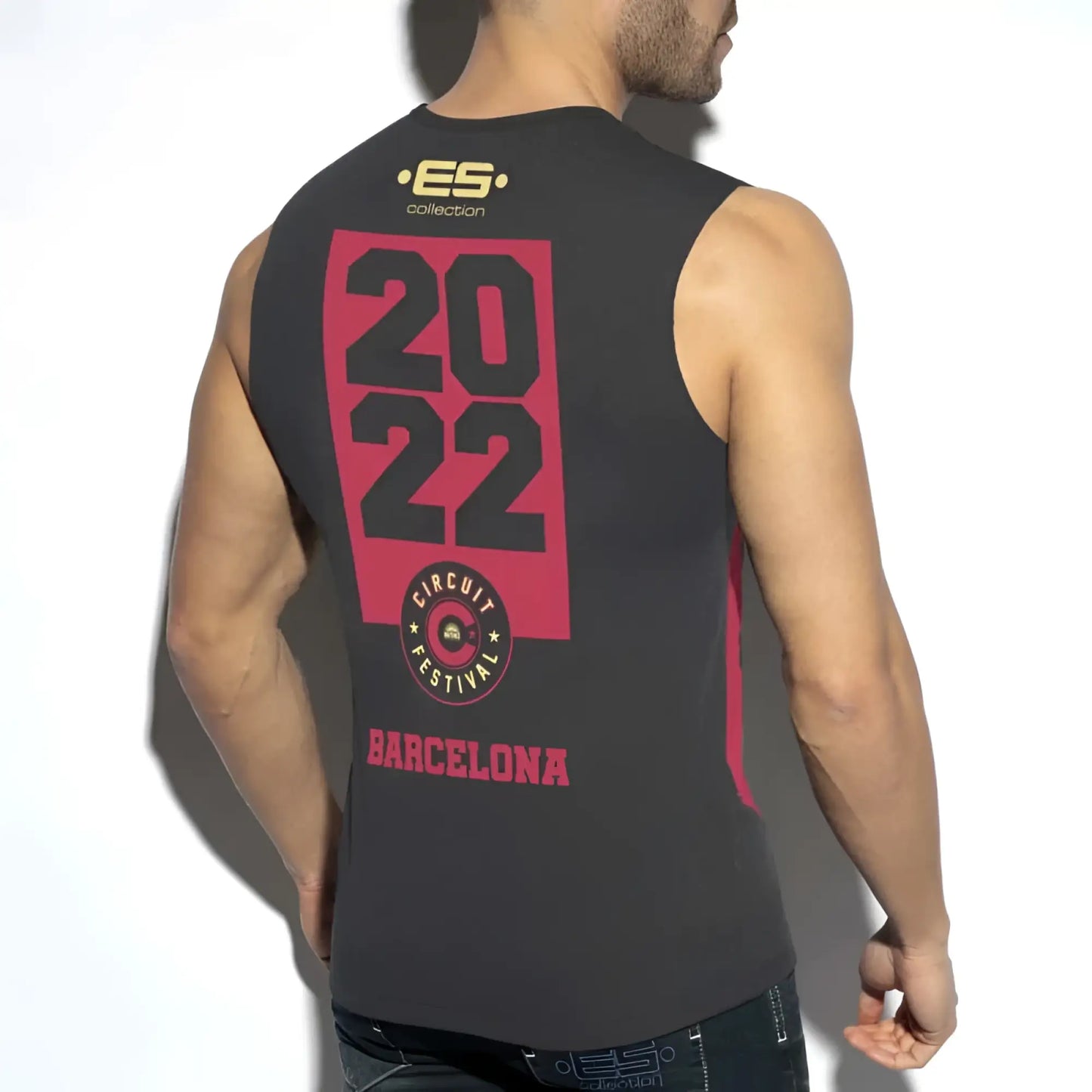 Black sleeveless tank top with bold pink and black graphic 2022 barcelona design es collection ts298 size l