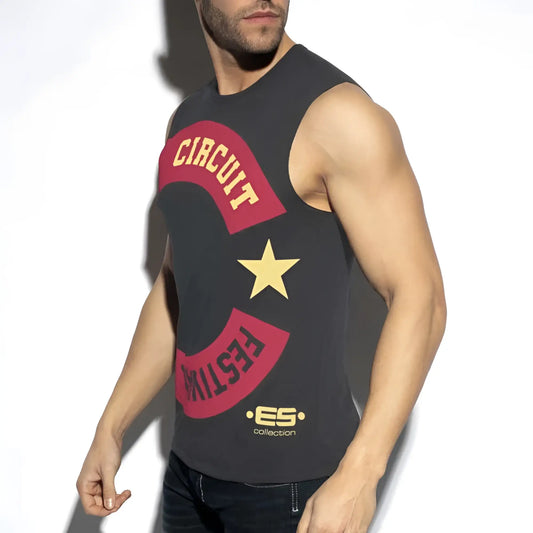 Black sleeveless tank top with bold red circuit festival text yellow star and es branding es collection charcoal size l
