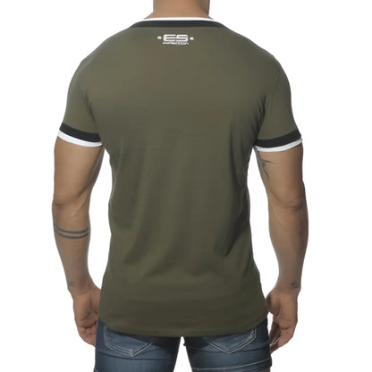 Olive green es collection v neck short sleeved t shirt with black white trim and small logo at neckline size m