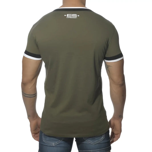 Olive green es collection v neck short sleeved t shirt with black white trim and small logo at neckline size m