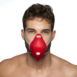 Red es breather face mask with white elastic straps and central circular vent by ES Collection in one size