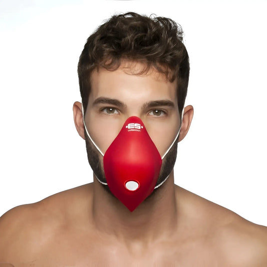 Red es breather face mask with white elastic straps and central circular vent by ES Collection in one size