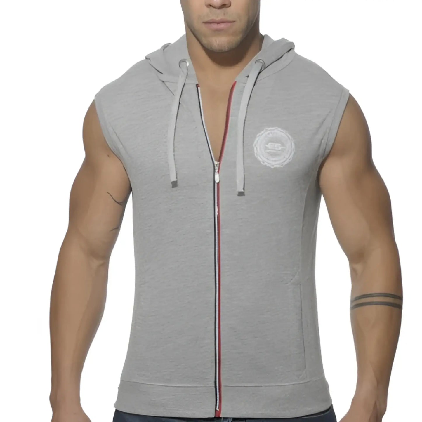 Gray sleeveless ES Collection pique hoodie with white embroidered logo and red zipper trim in heather grey size M