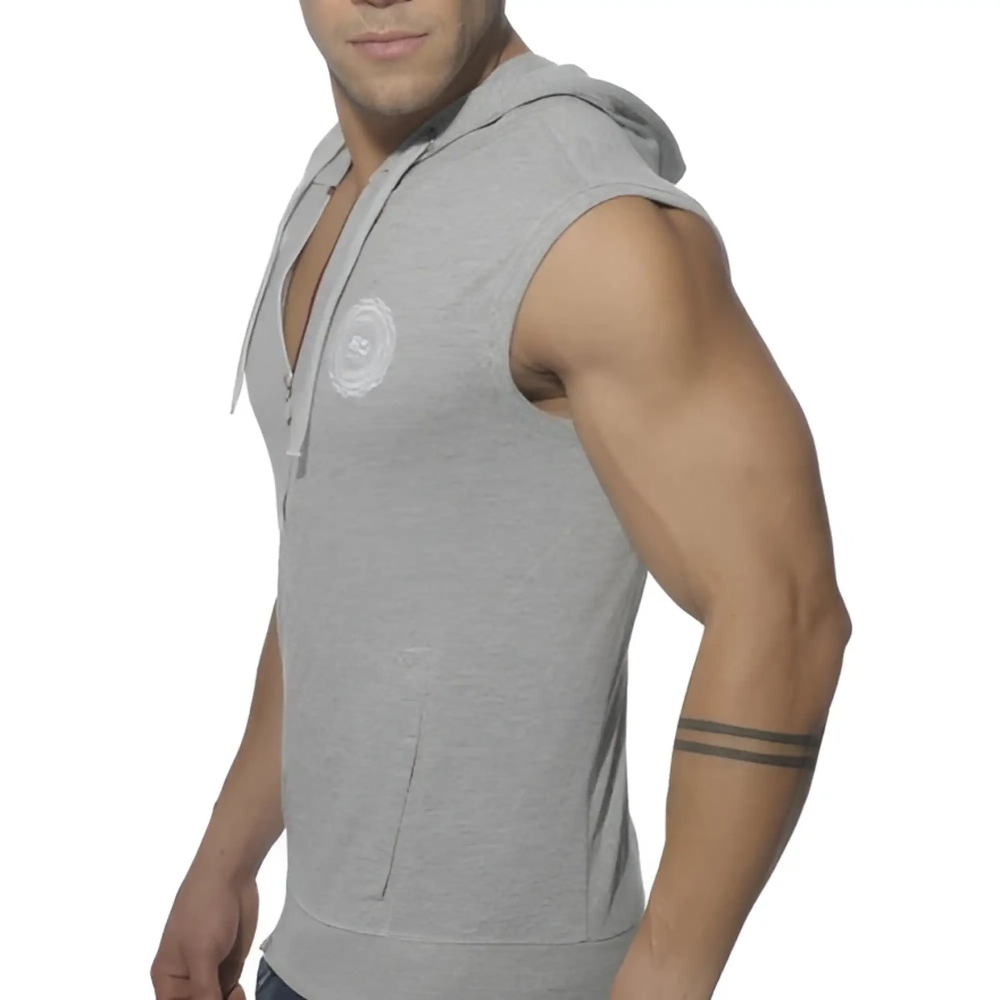 Es collection pique sleeveless hoodie with full zip front zipper hood circular logo in heather grey size m