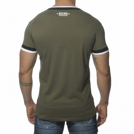 ES Collection Double Binding V Neck Short Sleeved T Shirt Khaki TS103 Size M