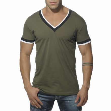 ES Collection Double Binding V Neck Short Sleeved T Shirt Khaki TS103 Size M