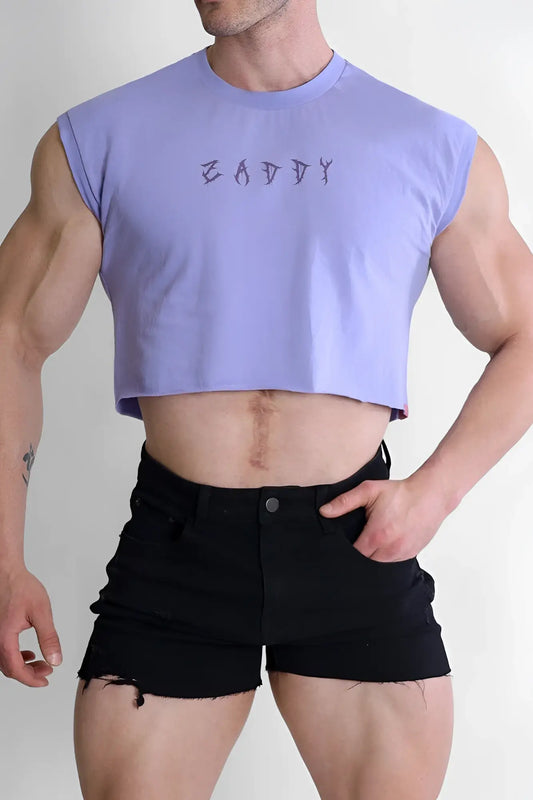 Lavender sleeveless muscle-fit cropped t-shirt with baddy print across the chest for casual wear