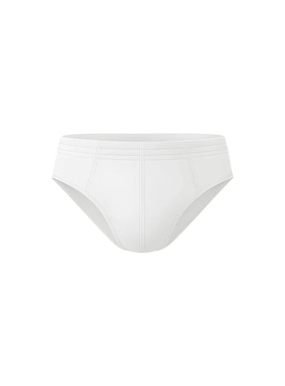 White essential cotton brief with smooth seamless design and subtle stitching details showing the back side