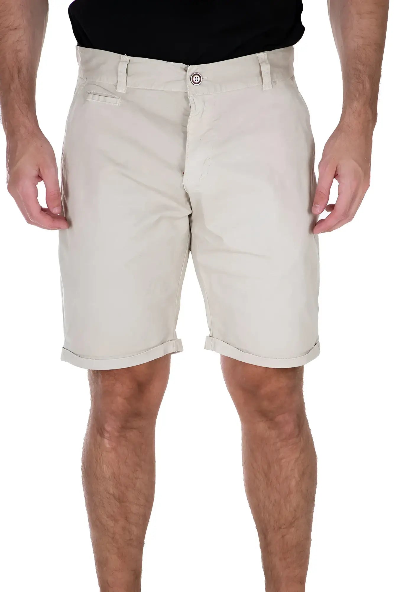 Beige cotton essential shorts with rolled cuffs and button closure available in four colors
