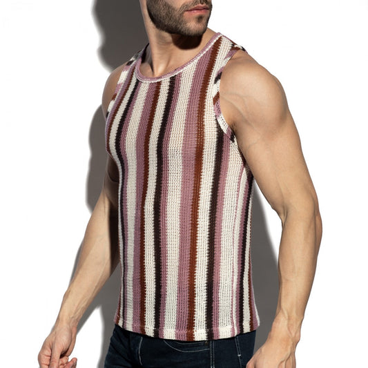 A knitted tank top featuring vertical stripes in violet, white, and brown.
