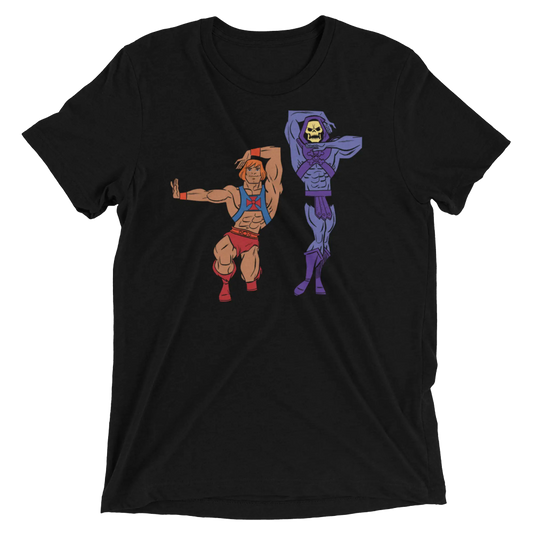 Black short-sleeved t-shirt featuring colorful he-man and skeletor graphic from eternia is burning collection