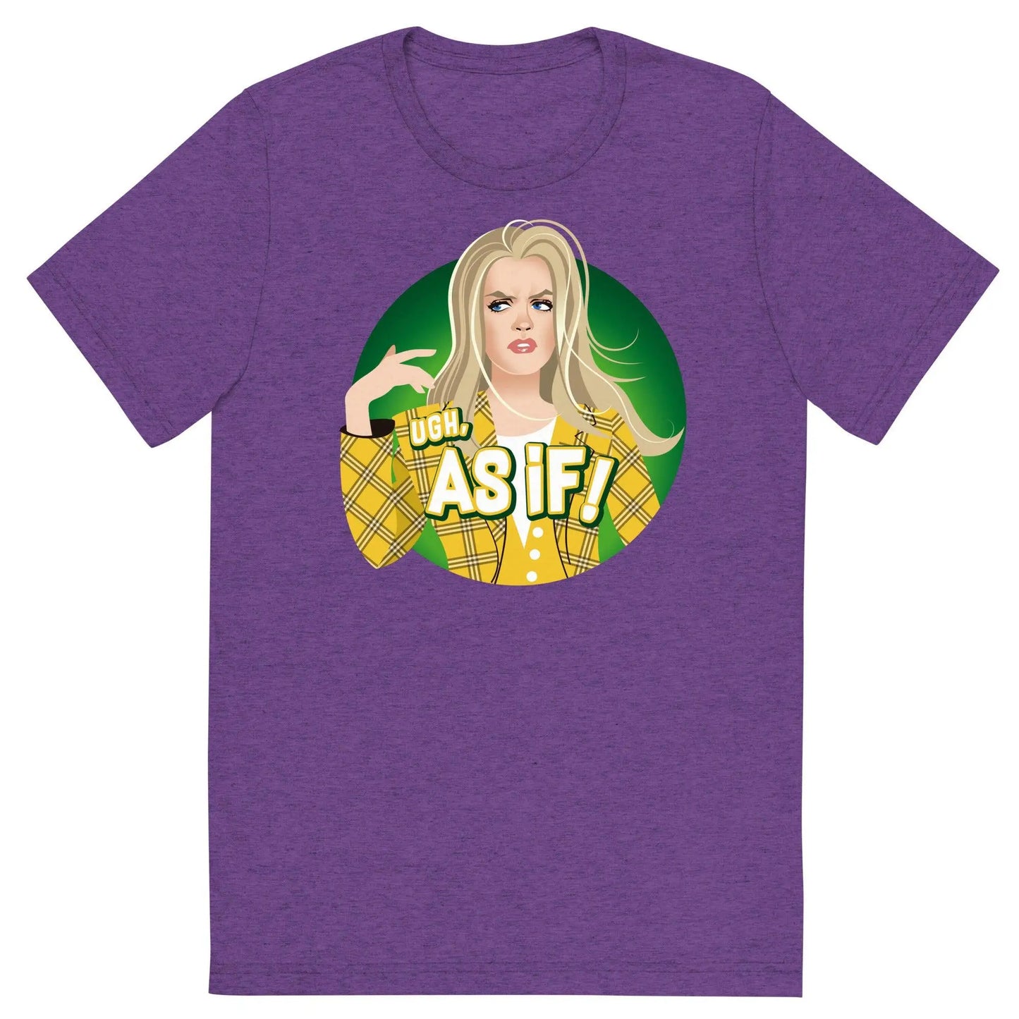 Purple heathered t-shirt with a circular graphic of a blonde woman in a yellow plaid jacket and ugh as if text
