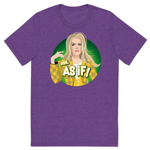 Purple heathered t-shirt with a circular graphic of a blonde woman in a yellow plaid jacket and ugh as if text