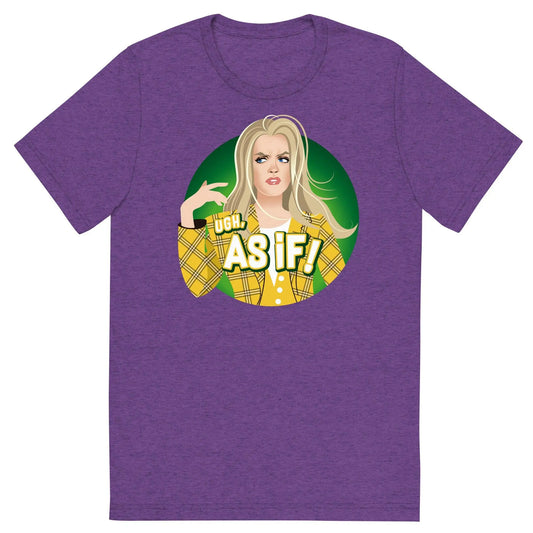 Purple heathered t-shirt with a circular graphic of a blonde woman in a yellow plaid jacket and ugh as if text